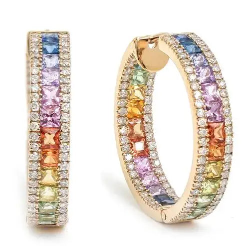 Rainbow Sapphire Diamond Hoop Earring